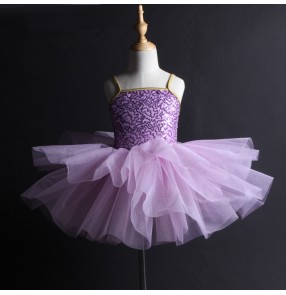 Violet purple sequins paillette front sleeveless girls kids children princess competition professional tutu skirts ballet dance leotards dresses